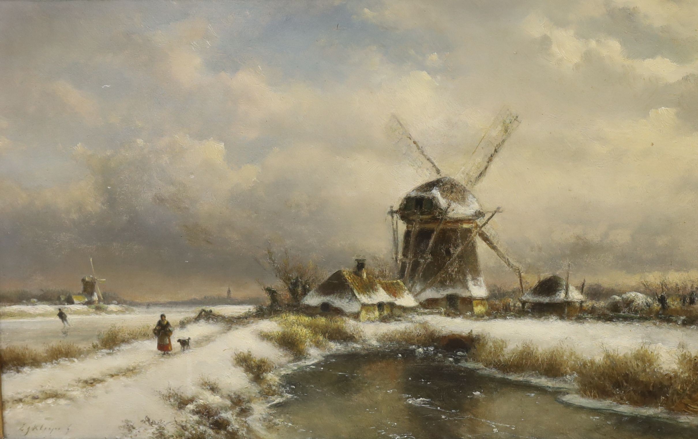 Lodewijk Johannes Kleijn (1817-1897), oil on wooden panel, Winter scene with a windmill, signed, 33 x 51cm